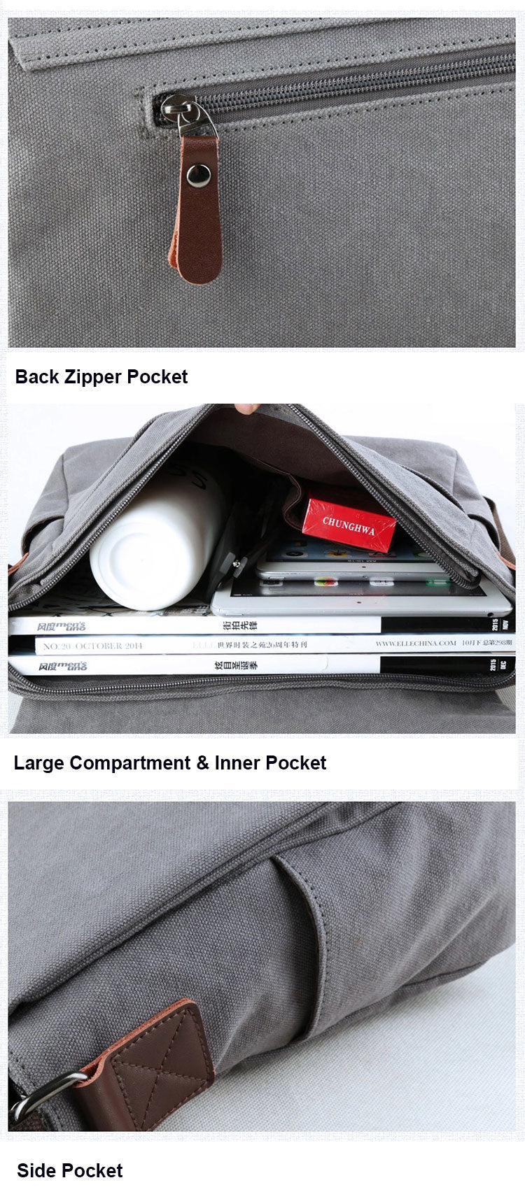 11.8" Vintage Leather Canvas Laptop Messenger bag