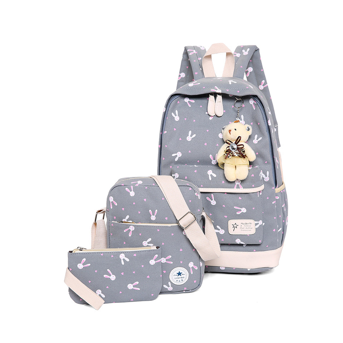 3Pcs Rabbit-Print Girls School Bag Backpack