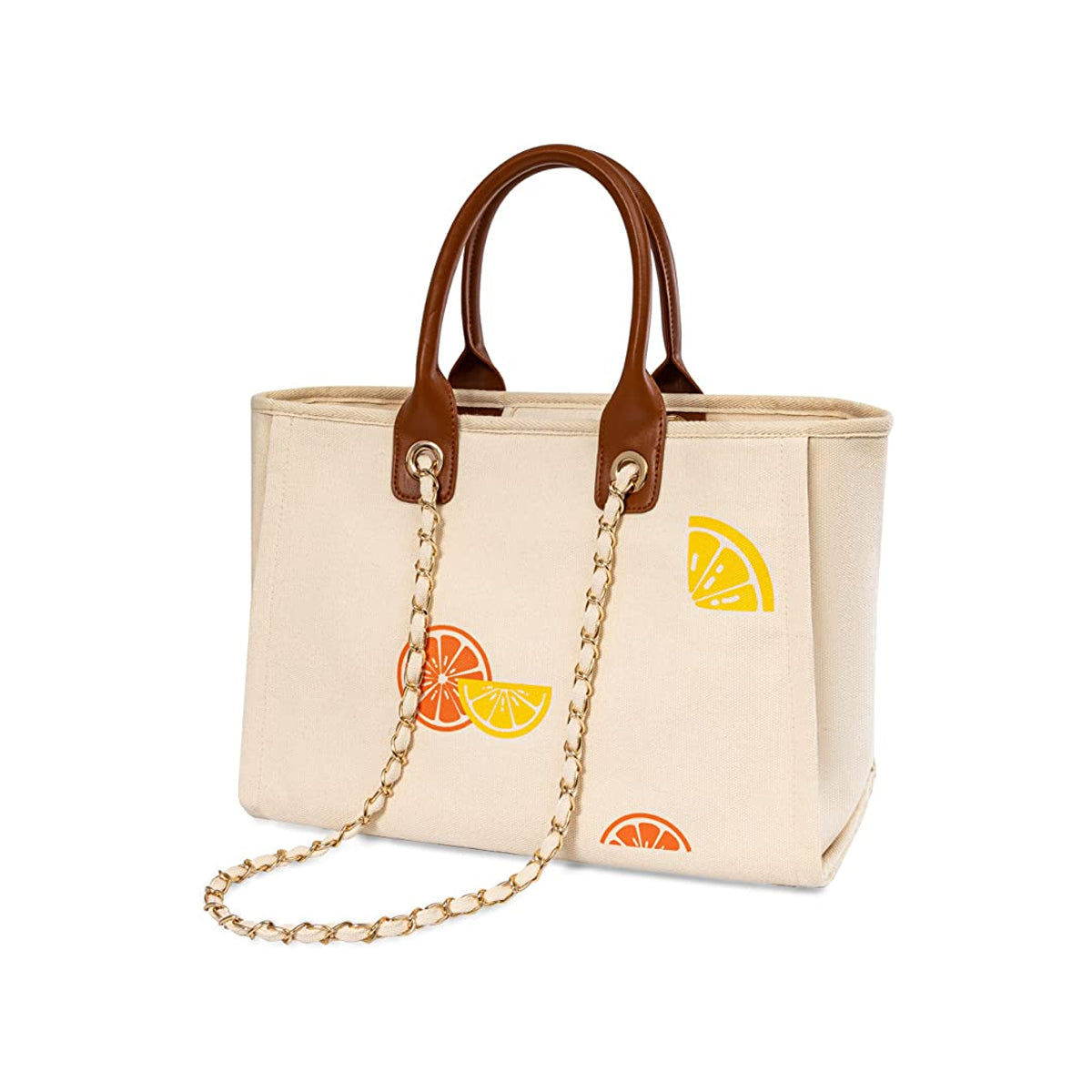 Cute Lemon Canvas Tote Bag for Women with Detachable Chain