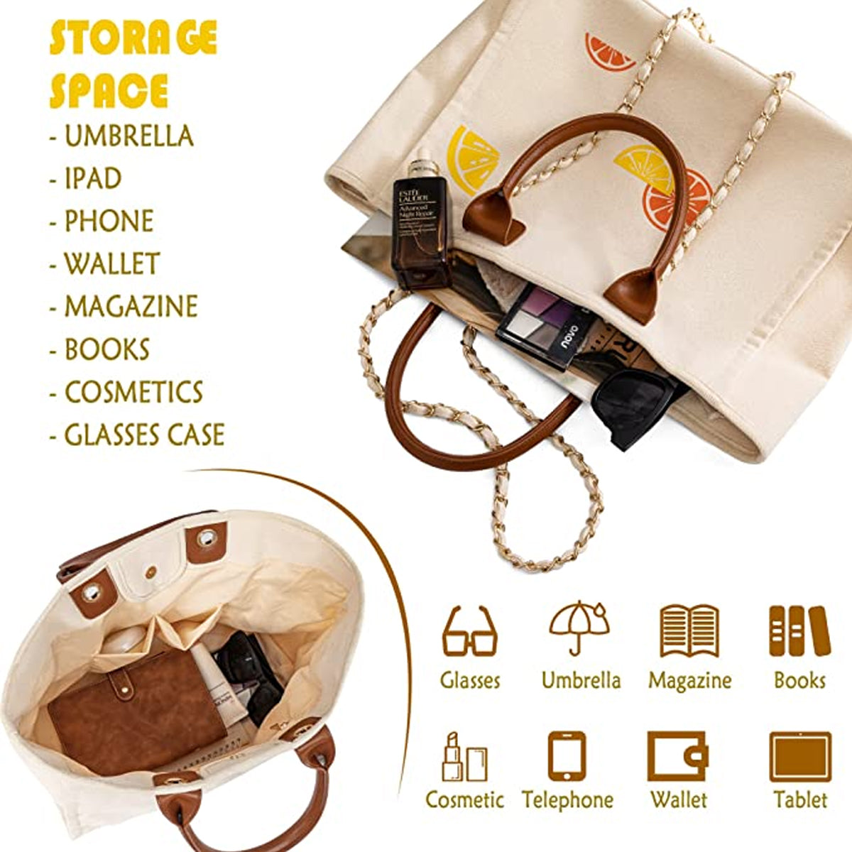 Cute Lemon Canvas Tote Bag for Women with Detachable Chain