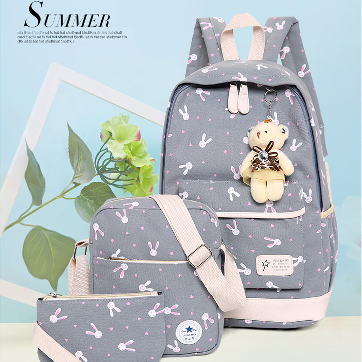 3Pcs Rabbit-Print Girls School Bag Backpack