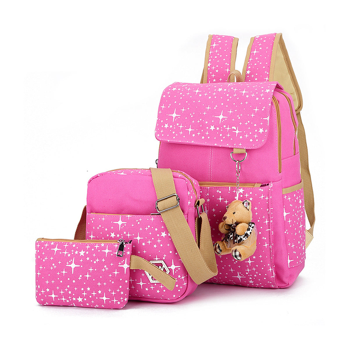 3 Pcs Star Print Girls Canvas Backpacks Set for School