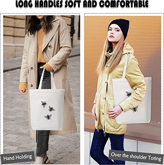 Cute Canvas Tote Bag Aesthetic with Zipper Pocket & Top Zipper Eco Tote Bag