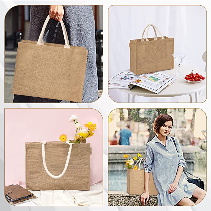 3 PCS Burlap Bags Jute Tote Bags Bulk with Inner Zipper Pocket