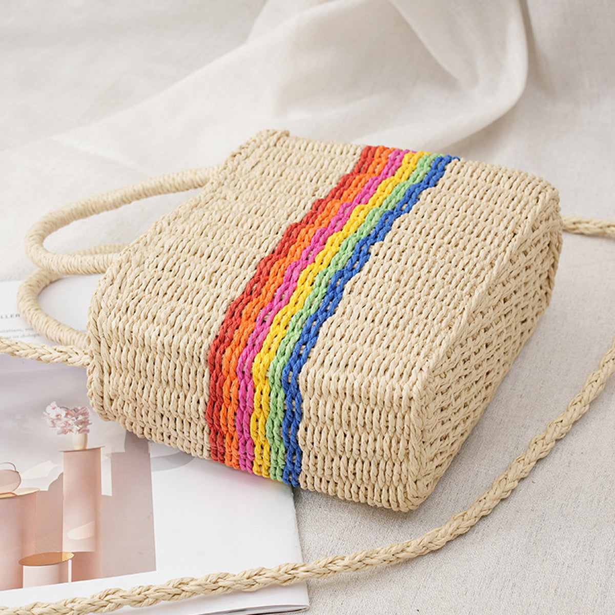 Paper Woven Organizer Bag With Drawstring Tote Shoulder Bag