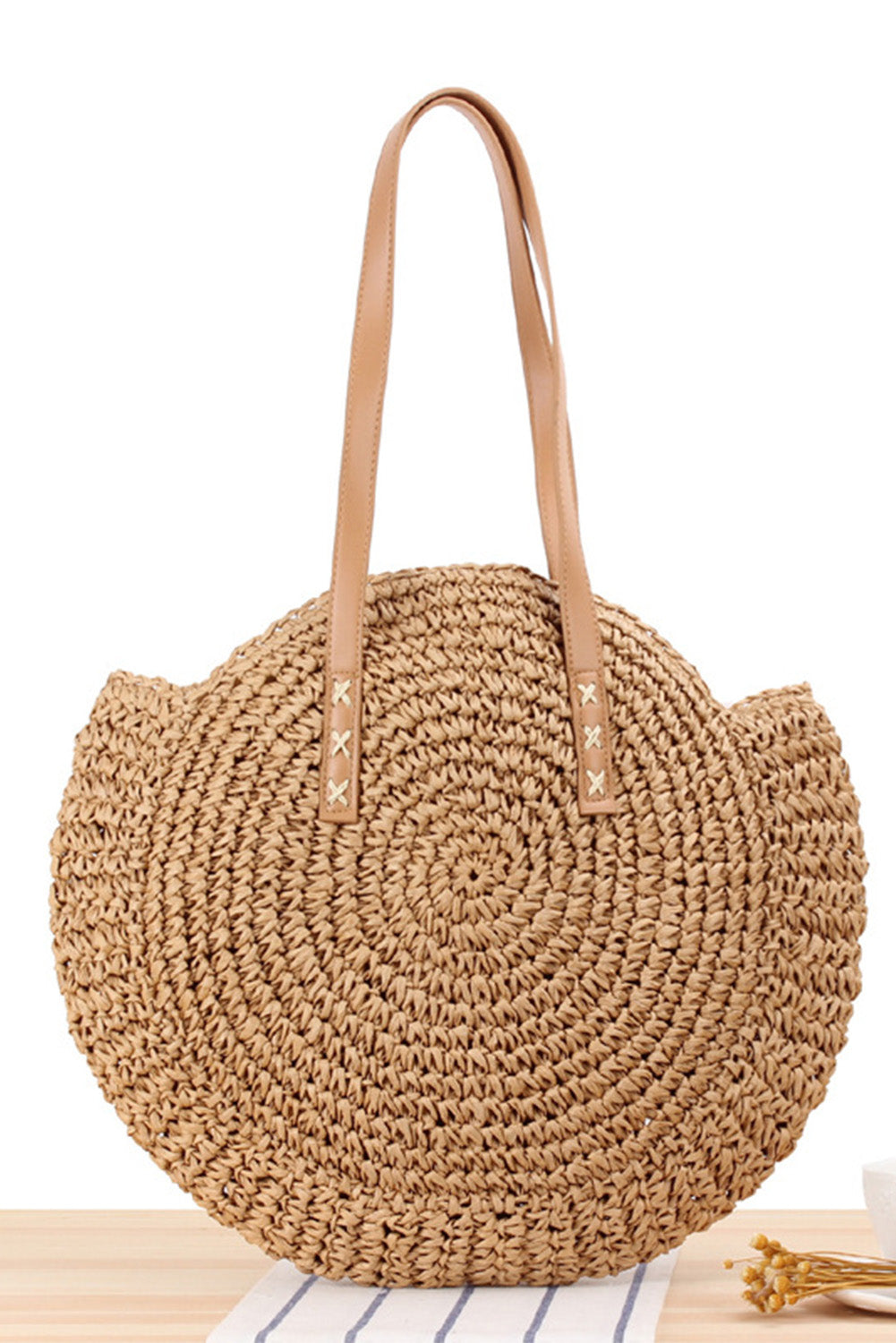 Khaki Delicate Straw Large Round Bag