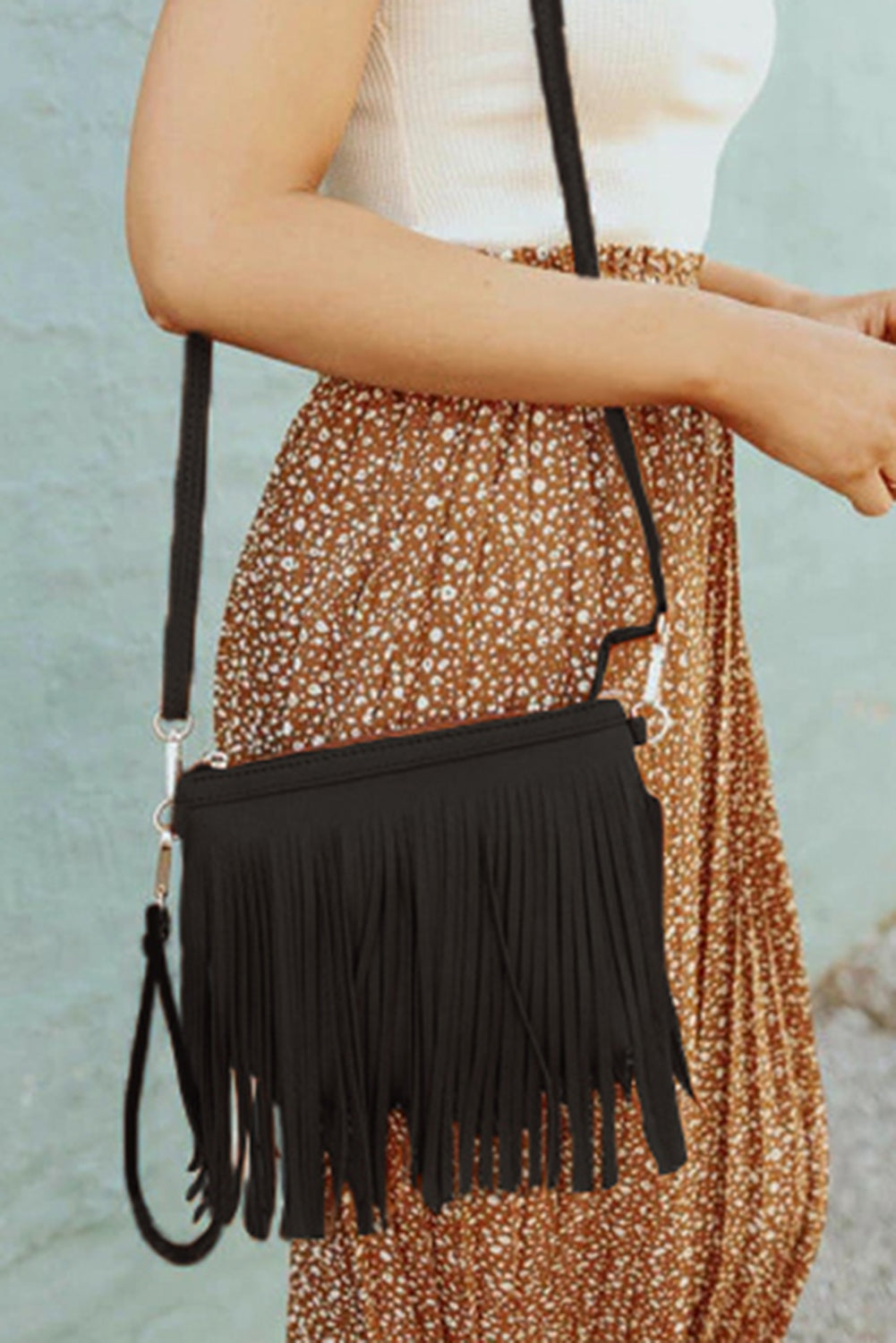 Black Brown Fringed Faxu Leather Crossbody Bag