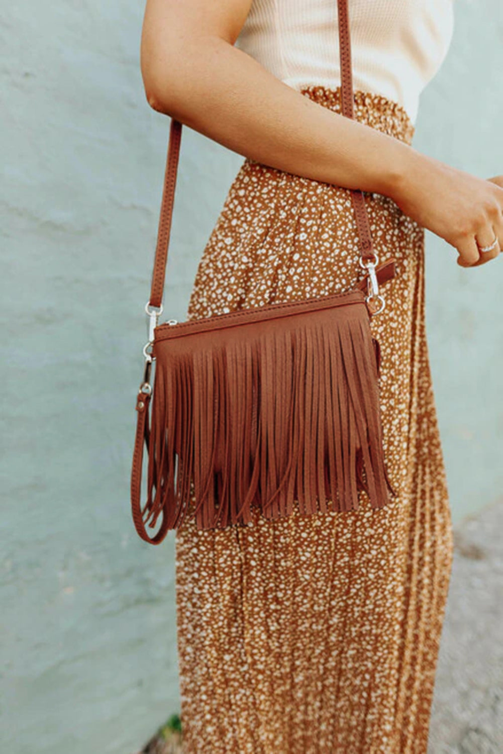 Black Brown Fringed Faxu Leather Crossbody Bag