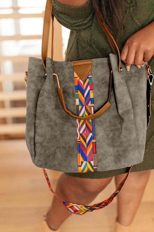 Gray Chic Contrasting Strip PU Tote Bag