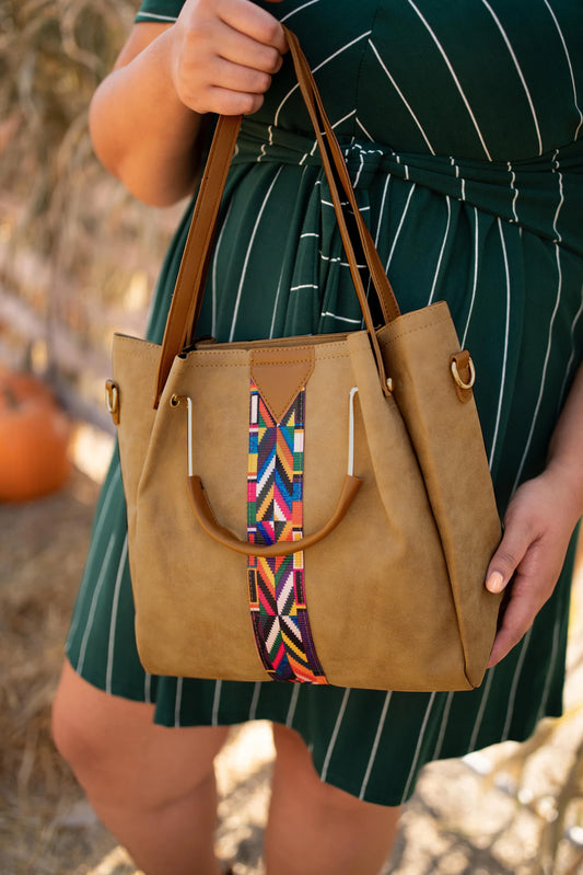 Brown Chic Contrasting Strip PU Tote Bag