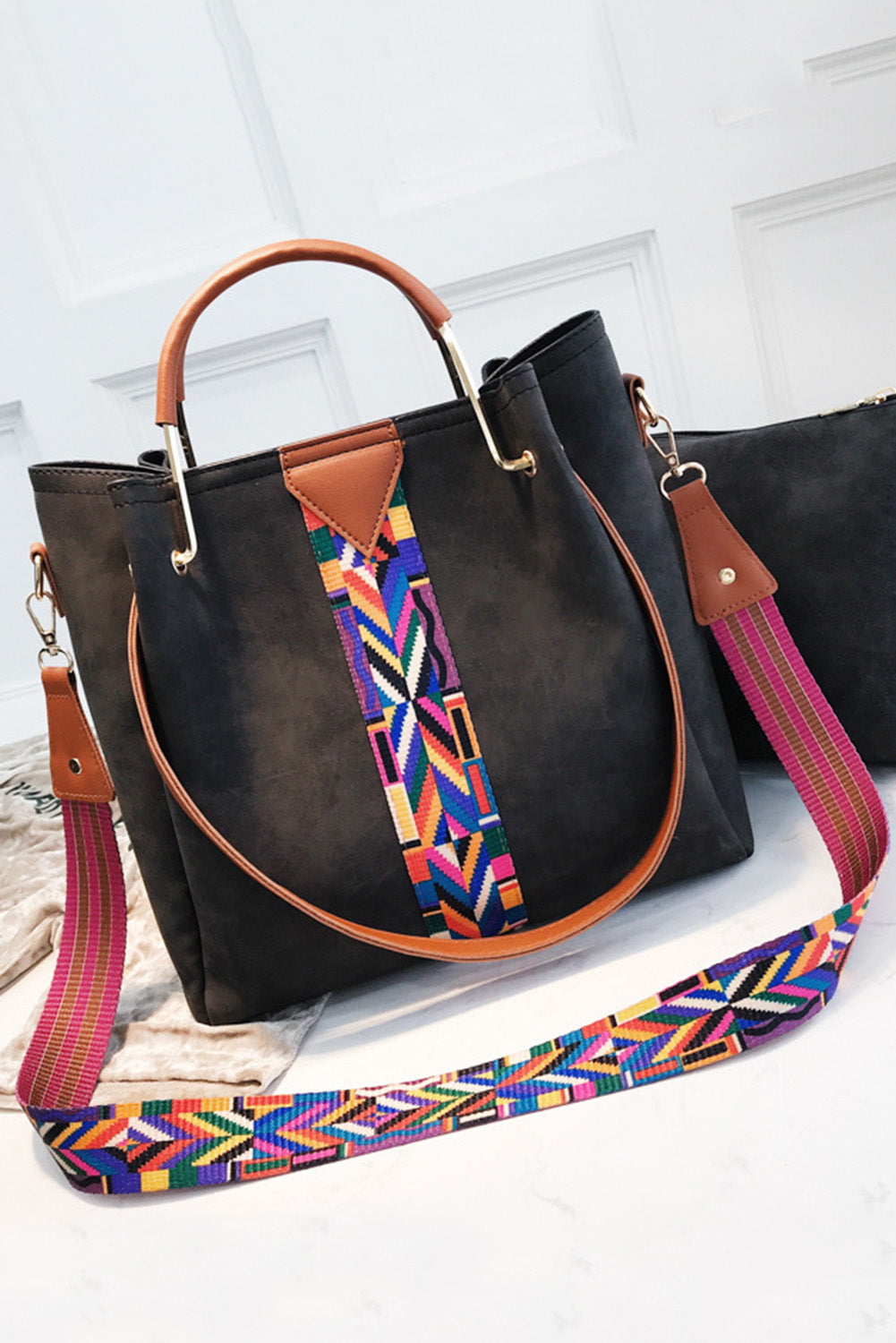 Black Chic Contrasting Strip PU Tote Bag