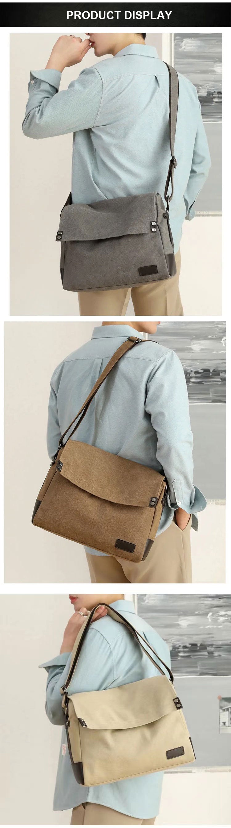 13.5" Vintage Black Canvas Messenger Bag