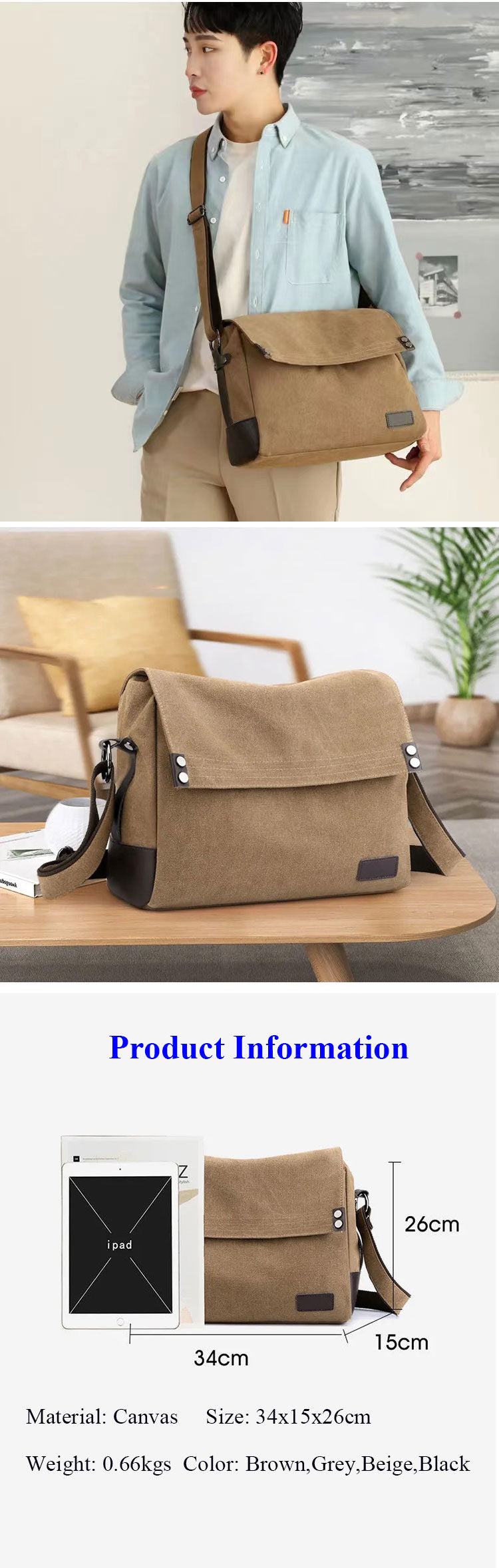 13.5" Vintage Black Canvas Messenger Bag