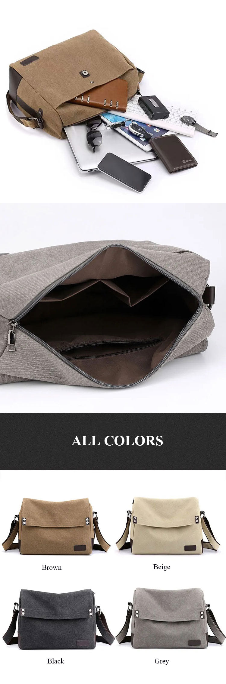13.5" Vintage Black Canvas Messenger Bag
