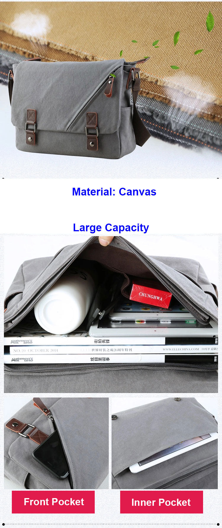 11.8" Vintage Leather Canvas Laptop Messenger bag
