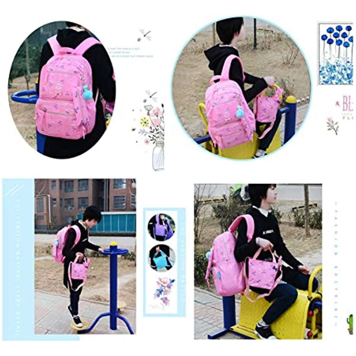 3Pcs Heart Printing Backpack Sets With Bowknot