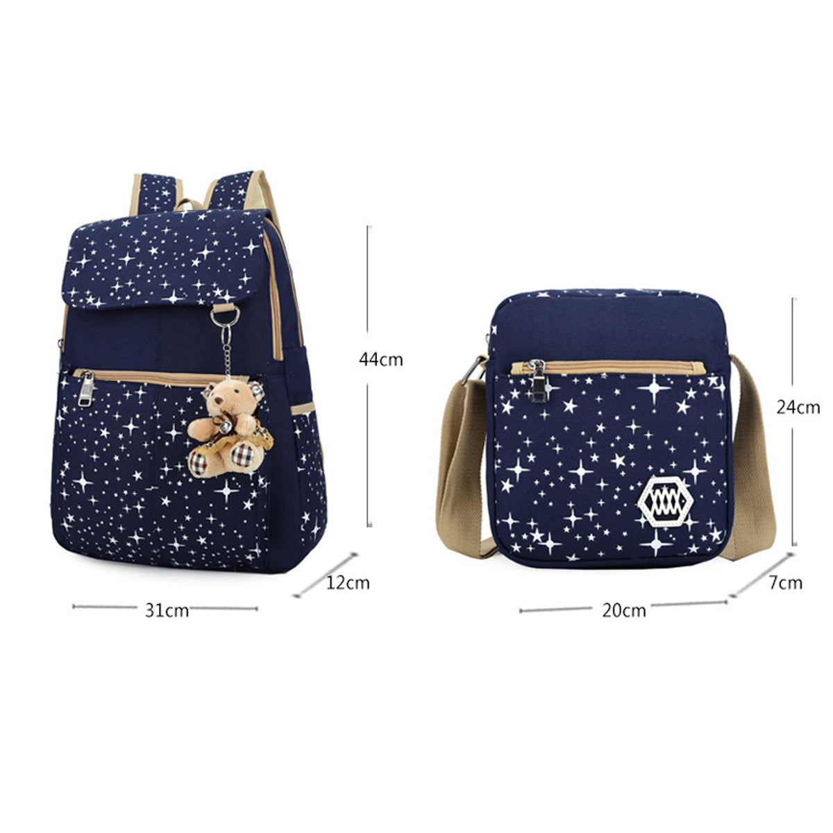 3 Pcs Star Print Girls Canvas Backpacks Set for School