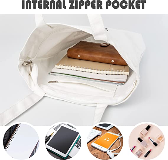 Cute Canvas Tote Bag Aesthetic with Zipper Pocket & Top Zipper Eco Tote Bag