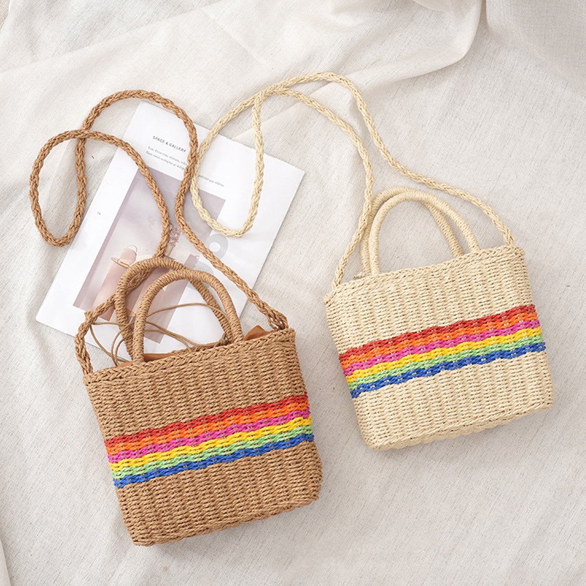 Paper Woven Organizer Bag With Drawstring Tote Shoulder Bag