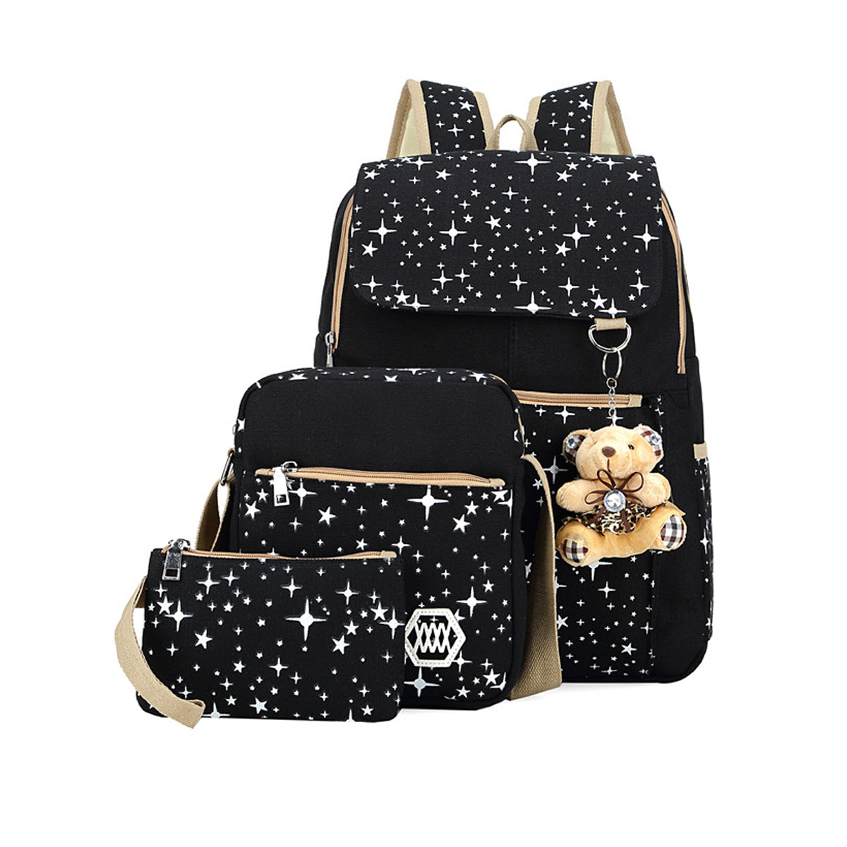 3 Pcs Star Print Girls Canvas Backpacks Set for School