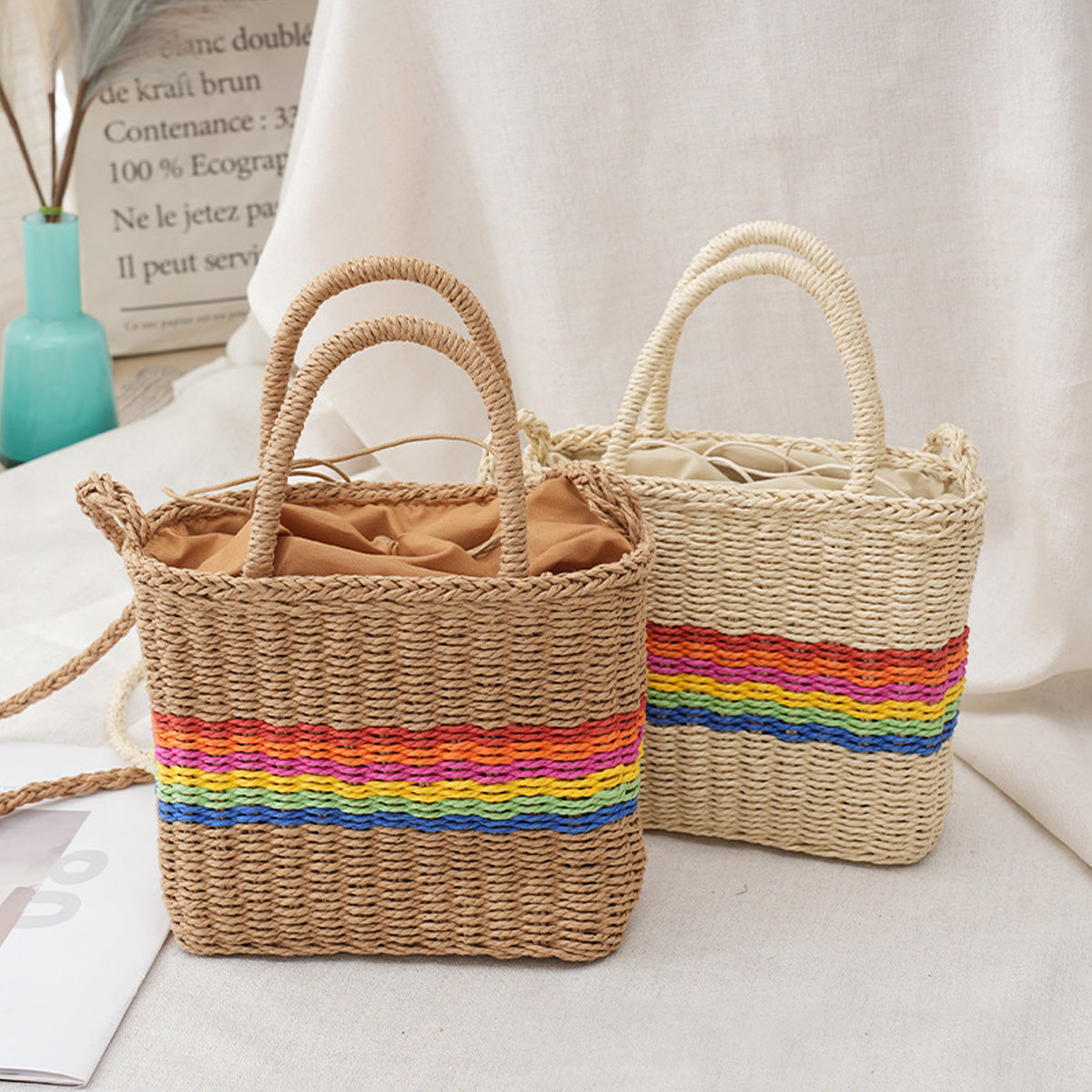 Paper Woven Organizer Bag With Drawstring Tote Shoulder Bag
