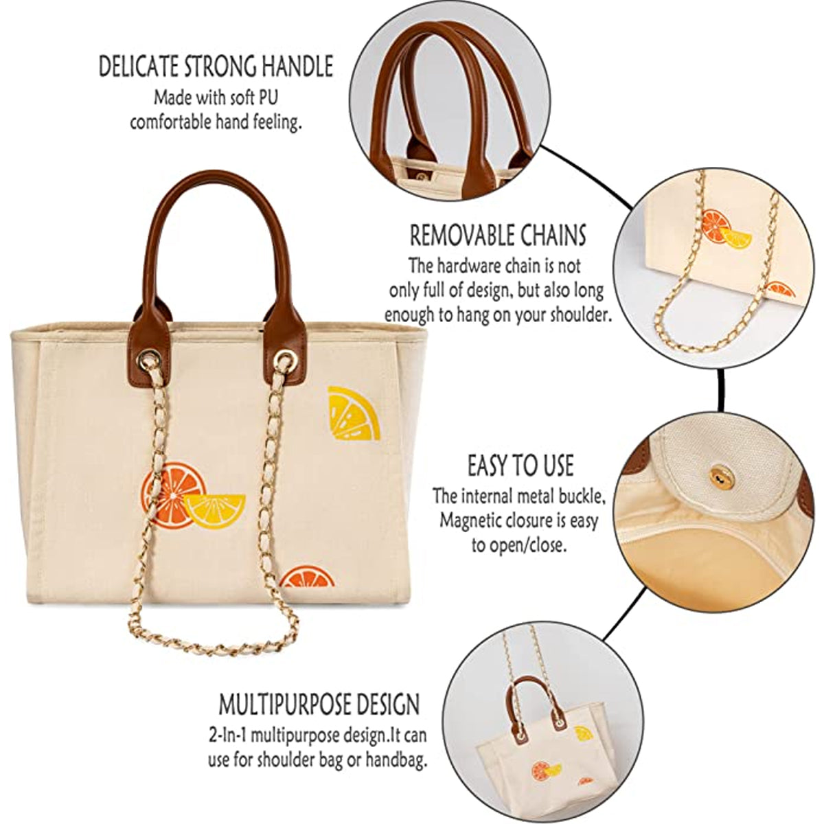 Cute Lemon Canvas Tote Bag for Women with Detachable Chain