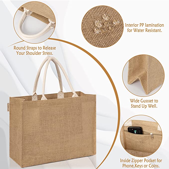 3 PCS Burlap Bags Jute Tote Bags Bulk with Inner Zipper Pocket