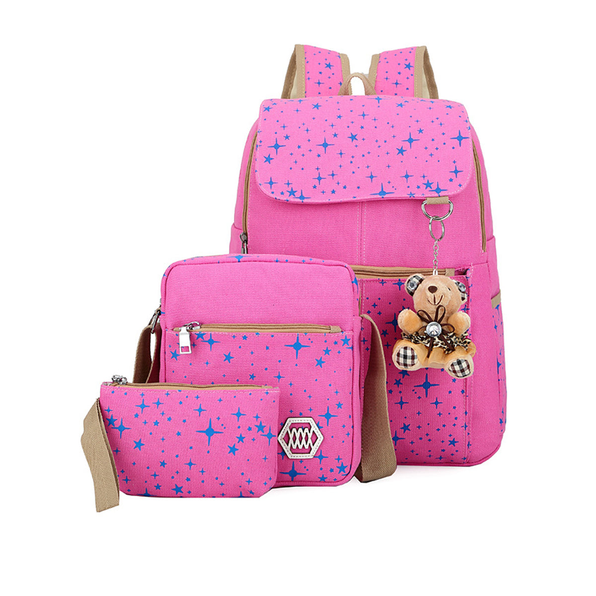 3 Pcs Star Print Girls Canvas Backpacks Set for School