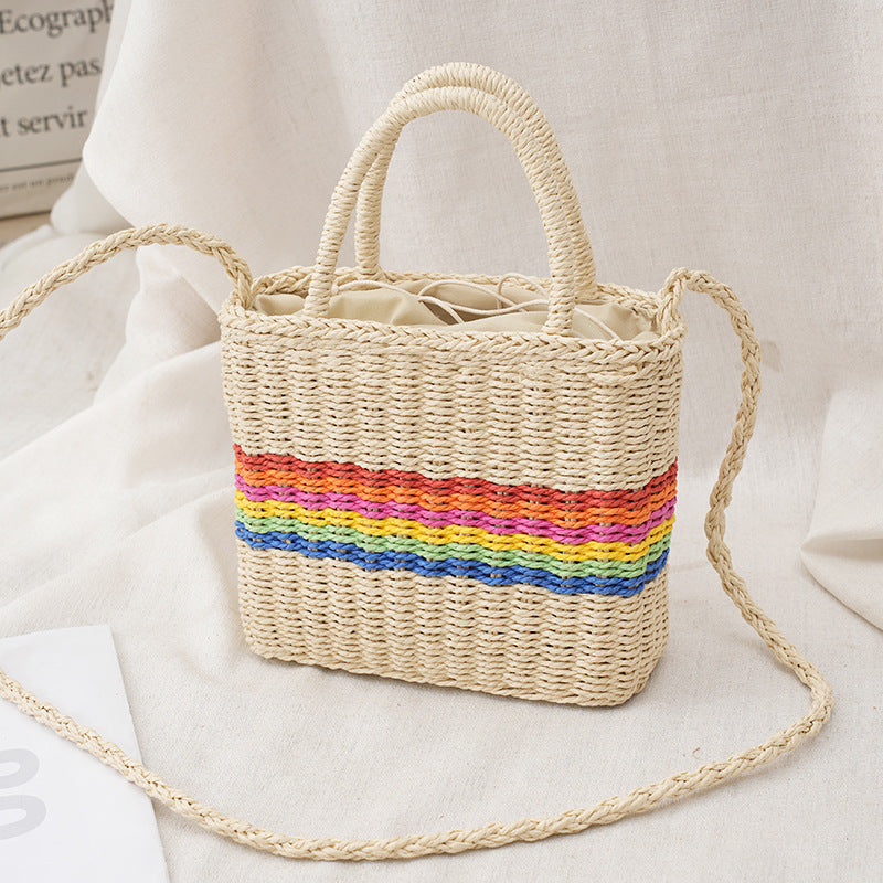 Paper Woven Organizer Bag With Drawstring Tote Shoulder Bag