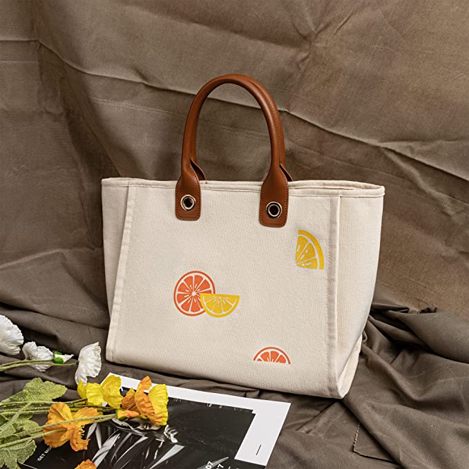 Cute Lemon Canvas Tote Bag for Women with Detachable Chain