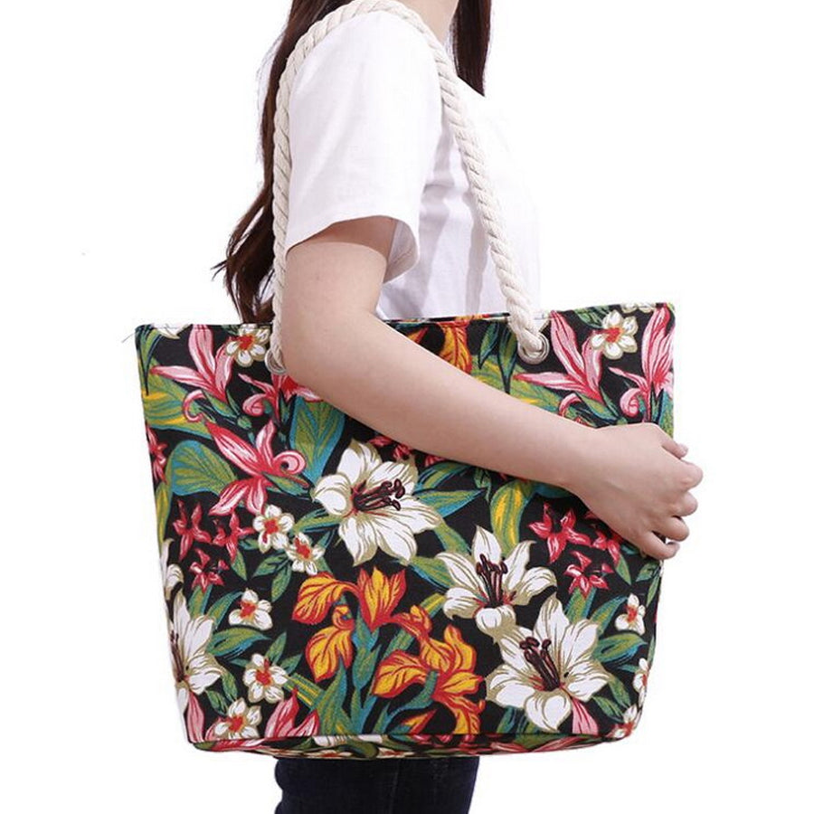 Canvas Large Summer Beach Bag  With Floral Pattern