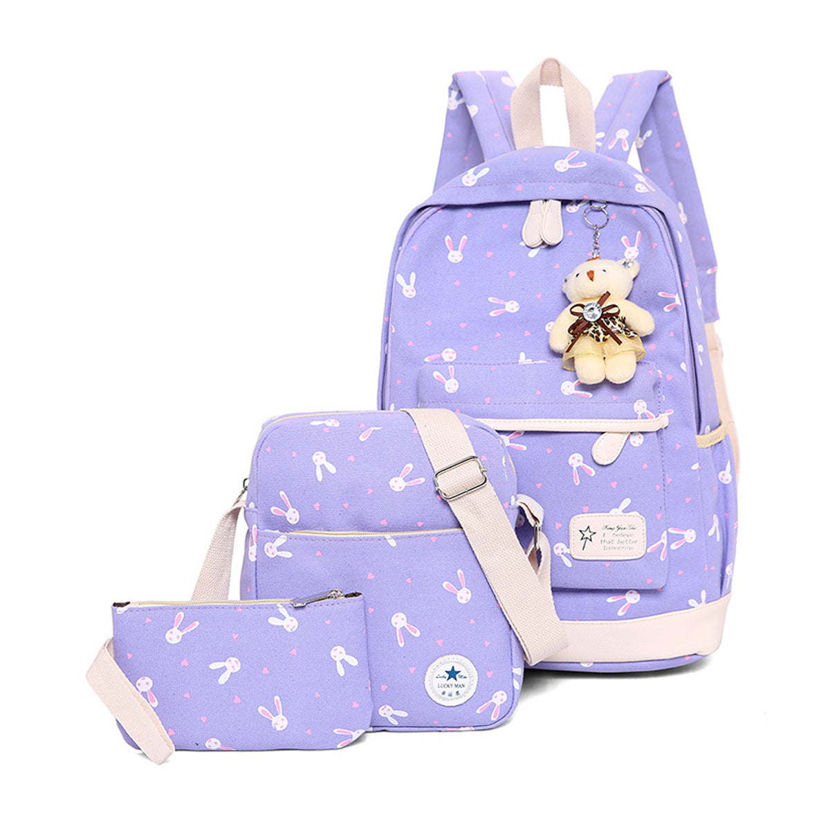 3Pcs Rabbit-Print Girls School Bag Backpack