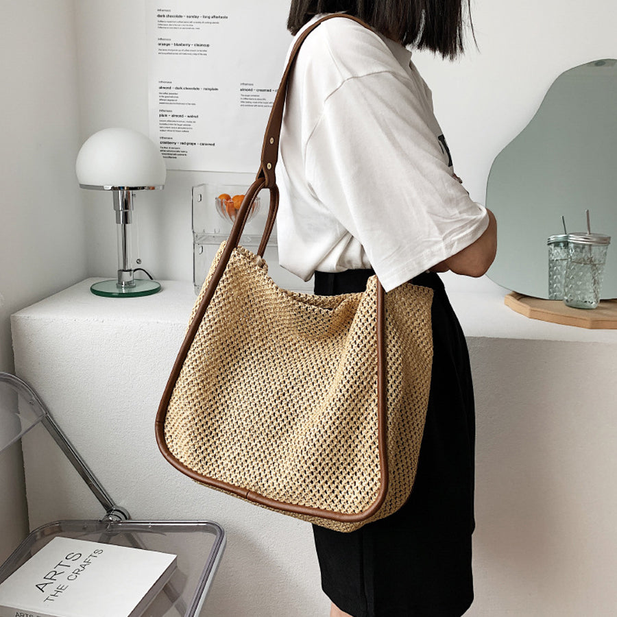 New Tote Personality Contrast Color Shoulder Weave Bag