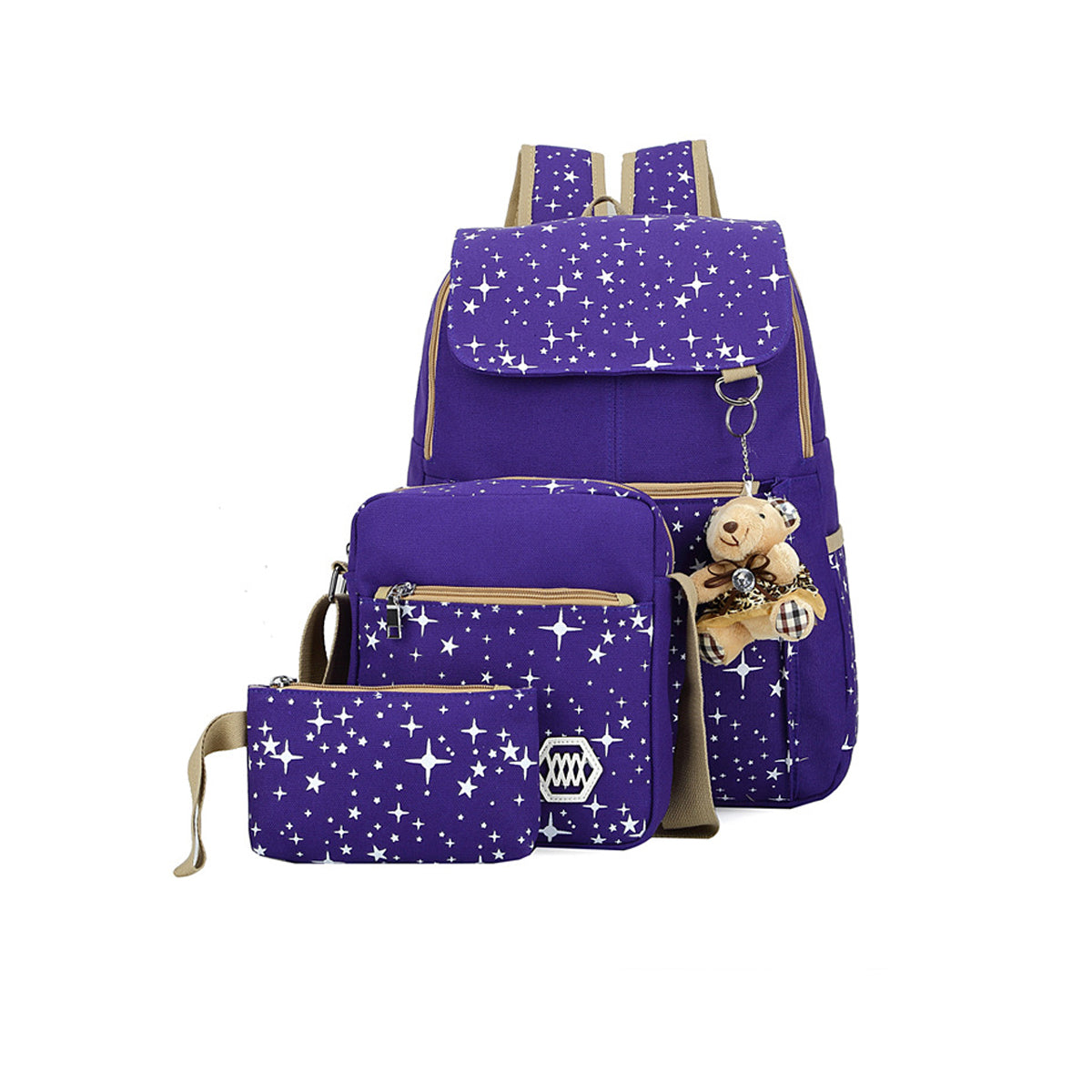 3 Pcs Star Print Girls Canvas Backpacks Set for School