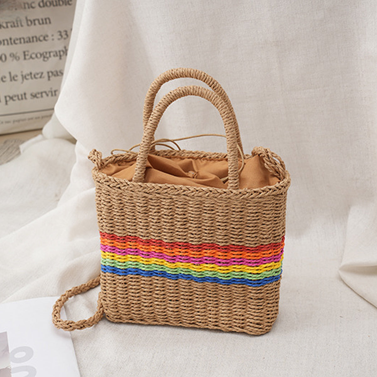 Paper Woven Organizer Bag With Drawstring Tote Shoulder Bag