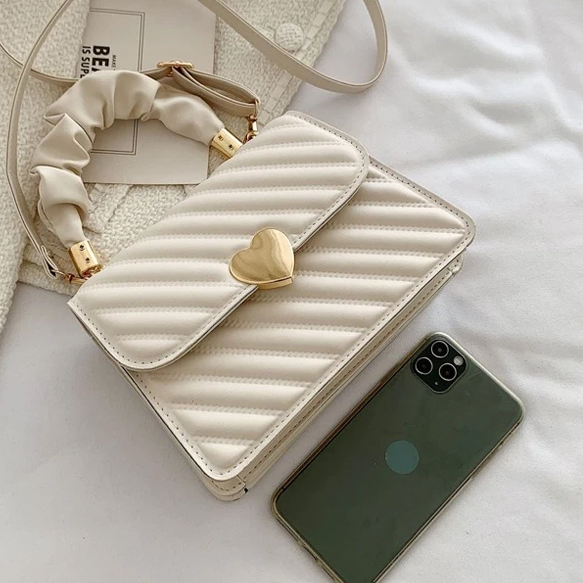 Heart Decor Snap Button Square Bag