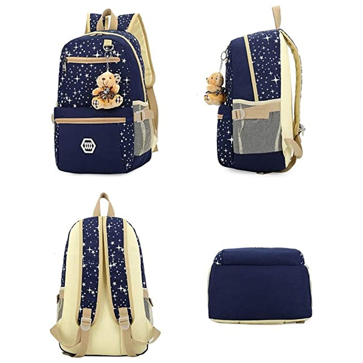 3 Pcs Star Print Girls Canvas Backpacks Set for School