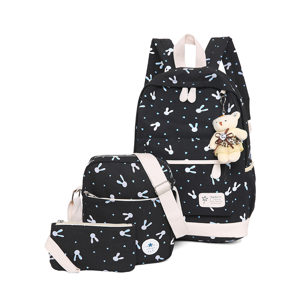 3Pcs Rabbit-Print Girls School Bag Backpack
