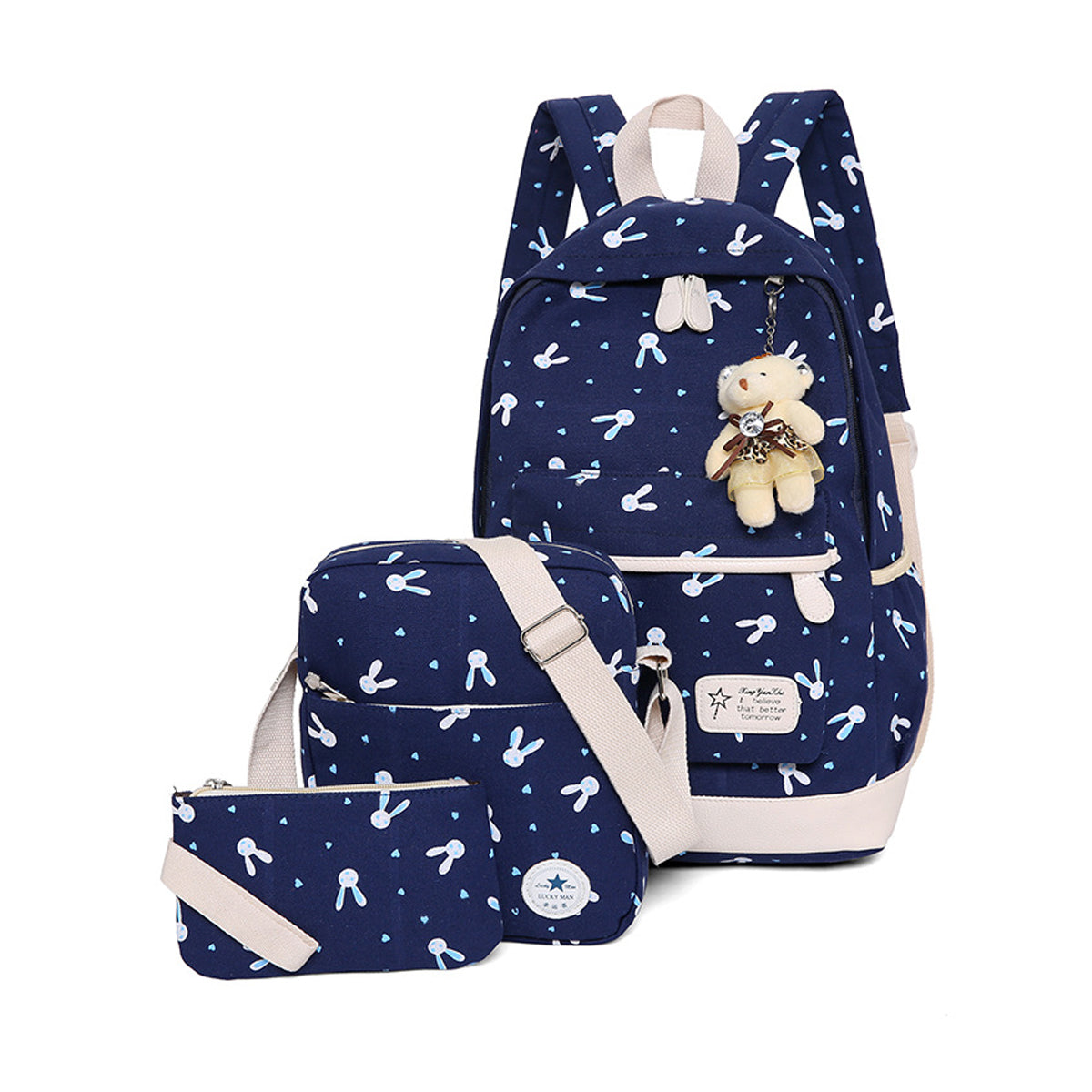 3Pcs Rabbit-Print Girls School Bag Backpack