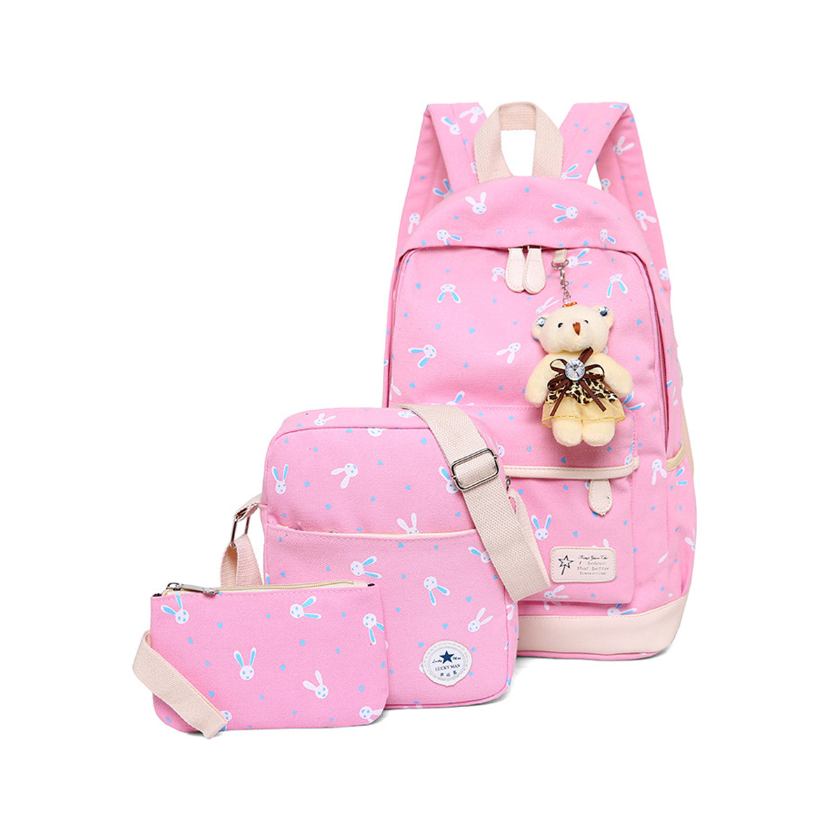 3Pcs Rabbit-Print Girls School Bag Backpack
