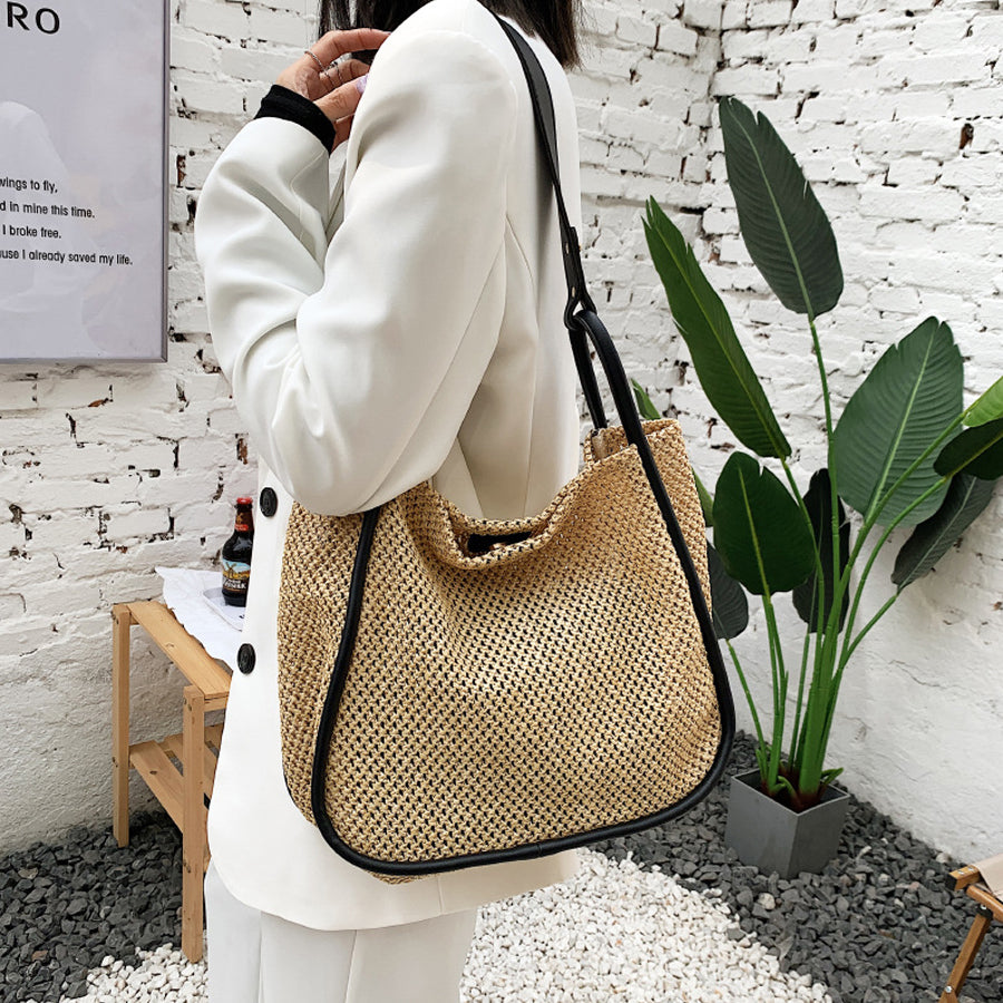 New Tote Personality Contrast Color Shoulder Weave Bag