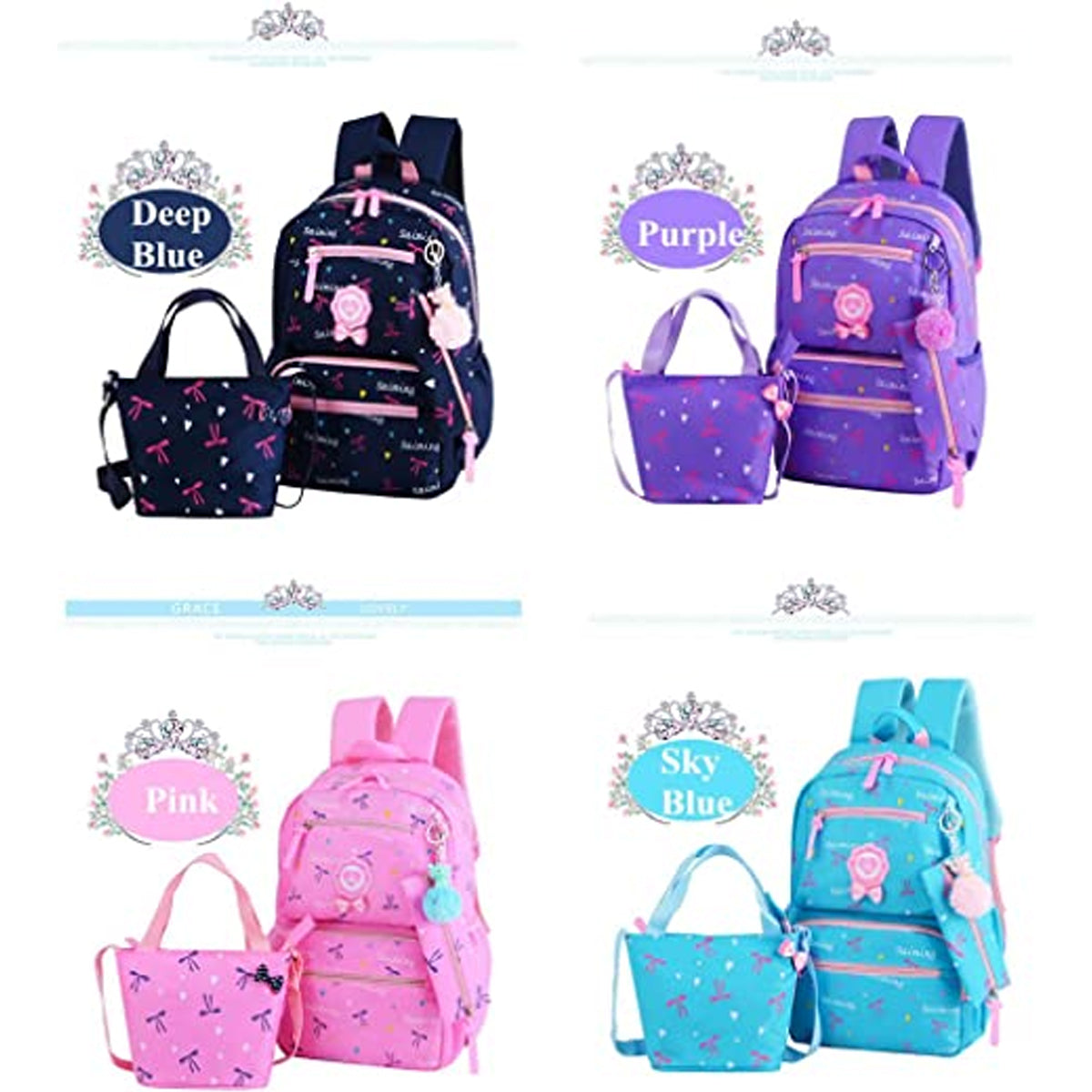 3Pcs Heart Printing Backpack Sets With Bowknot