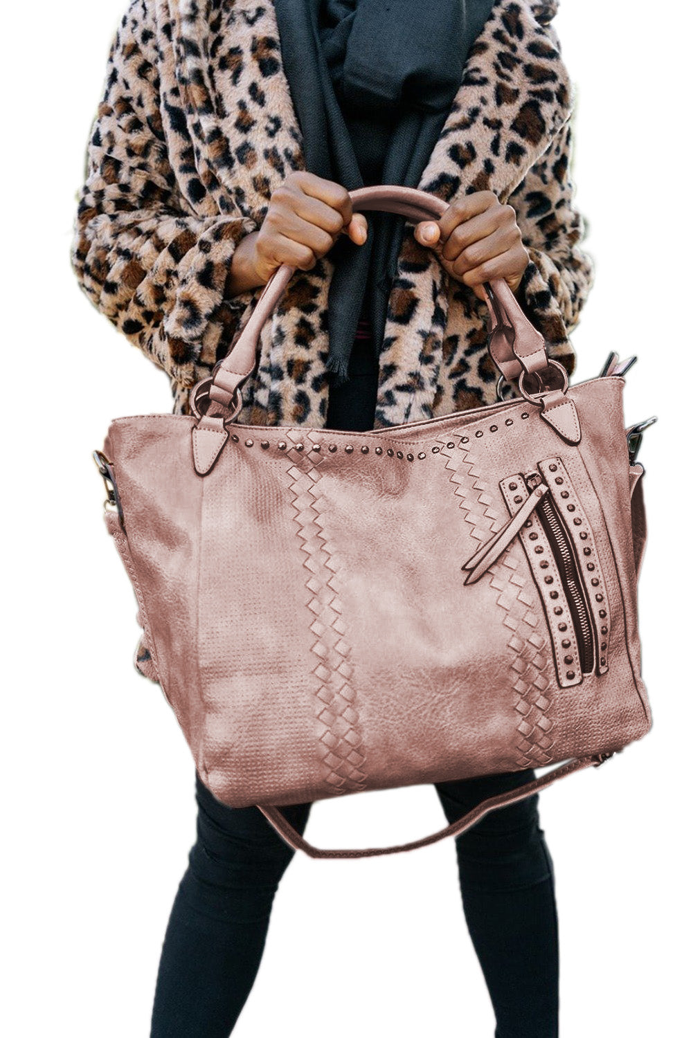 Pink large-capacity fashion casual leather handbag