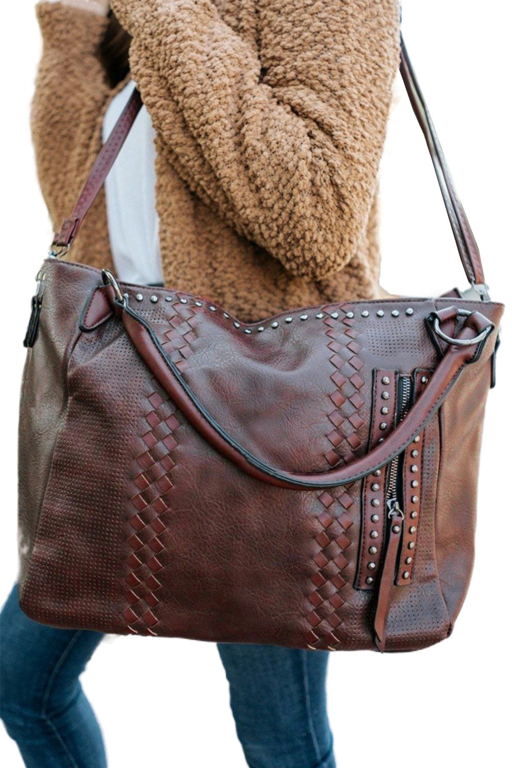 Brown large-capacity fashion casual leather handbag
