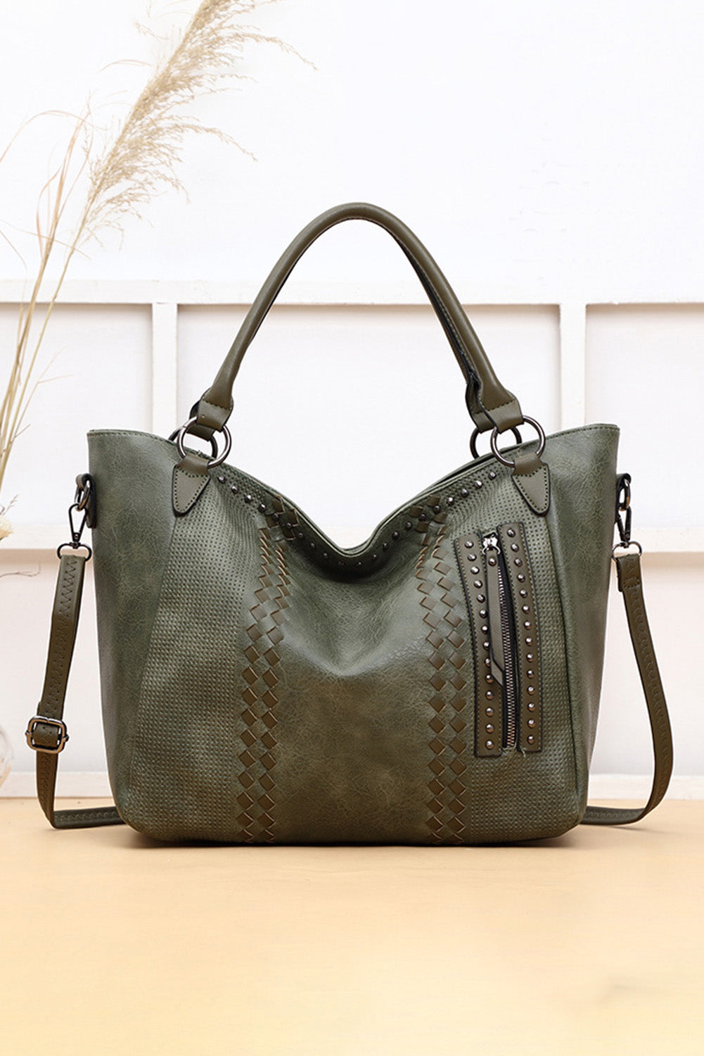 Green large-capacity fashion casual leather handbag