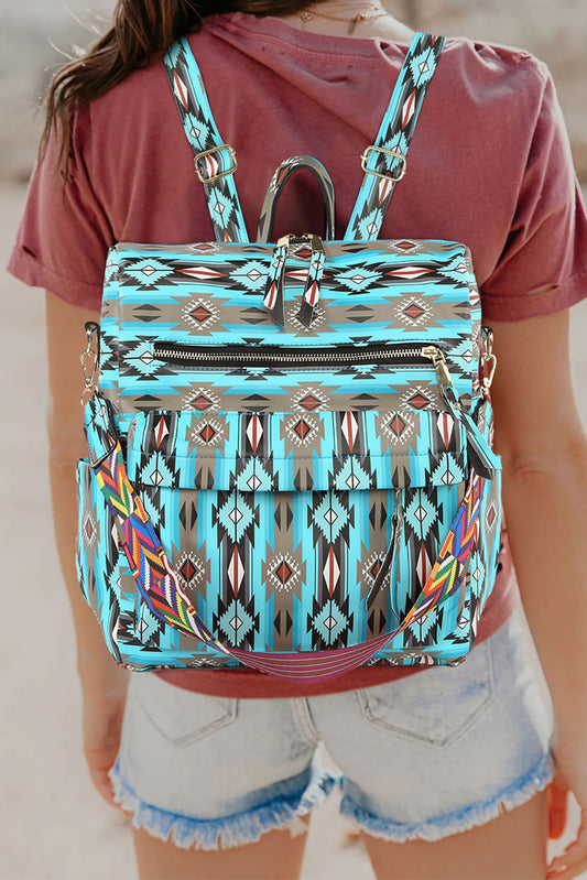 Blue Aztec Print Large Capacity Backpack