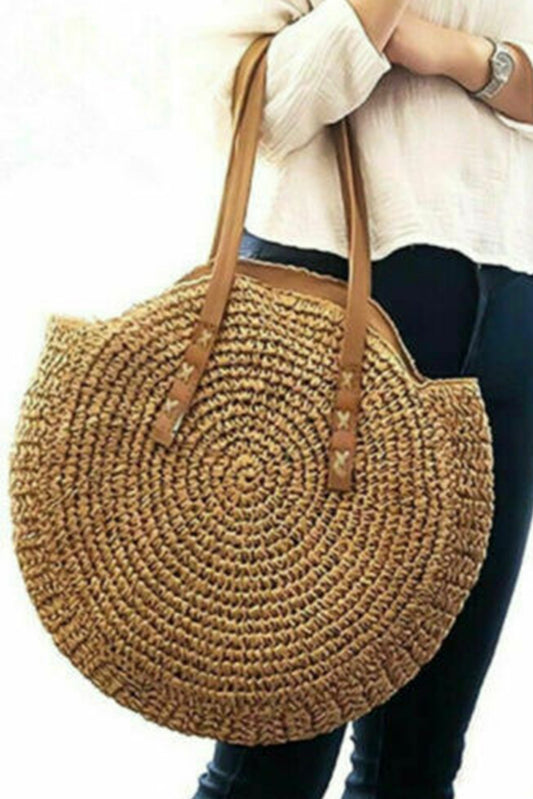 Khaki Delicate Straw Large Round Bag