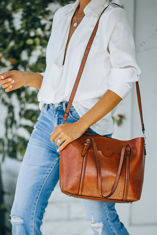 Brown Dual Handle Shoulder Faux Leather Messenger Bag