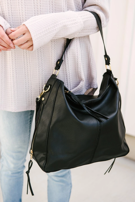 Black Faux Leather Hobo Bag