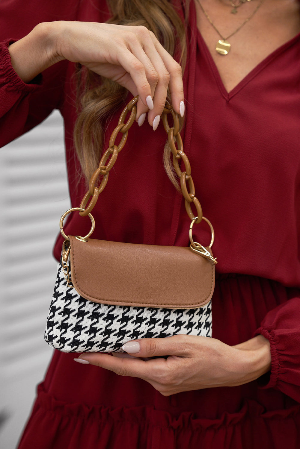 Brown Acrylic Chain PU Splicing Houndstooth Handbag